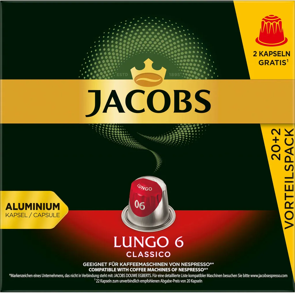 JACOBS Kapseln Lungo 6 Classico 10 X 20+2 Nespresso®* Kompatible Kaffeekapseln 3 JACOBS Kapseln Lungo 6 Classico 10 X 20+2 Nespresso®* Kompatible Kaffeekapseln – Bild 3
