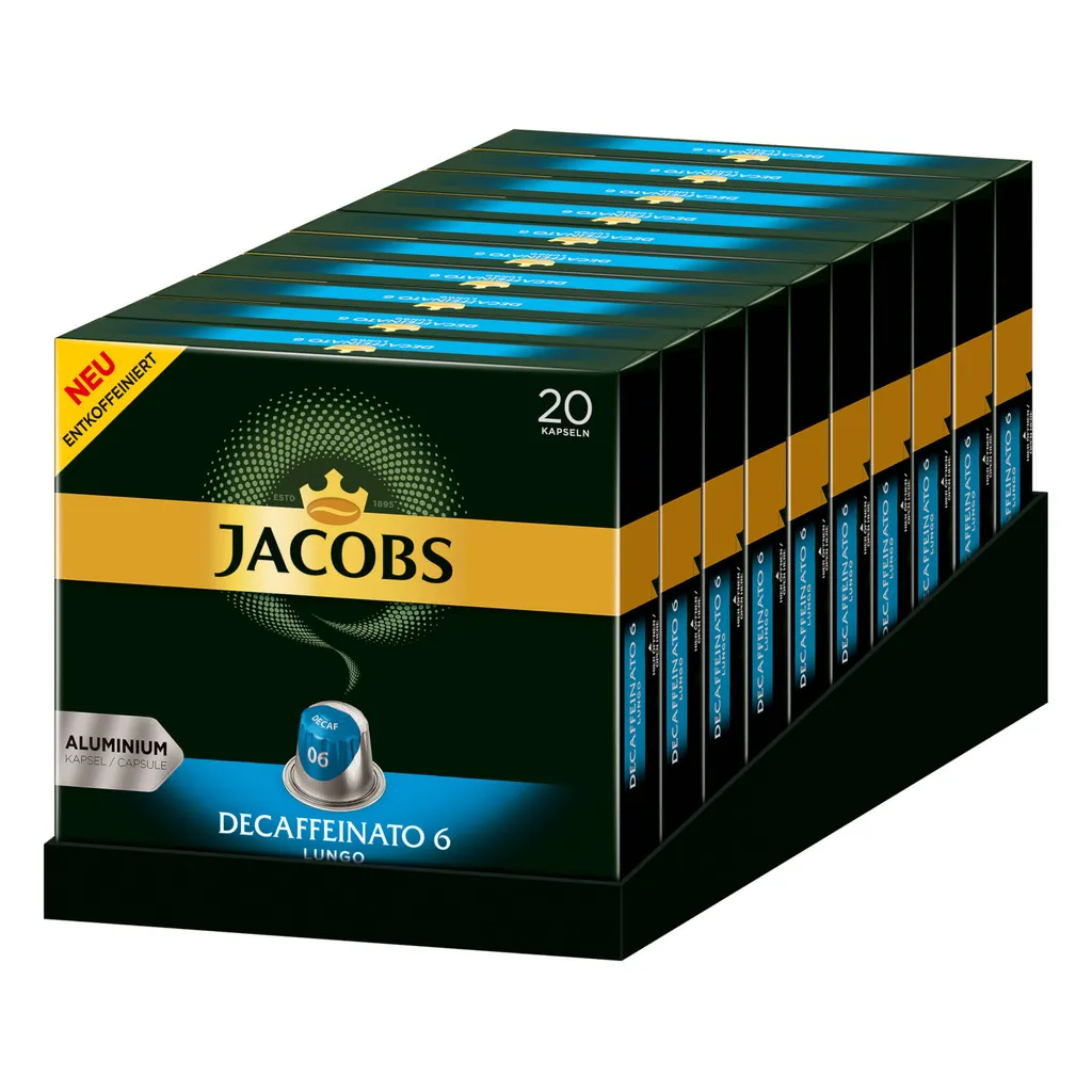 JACOBS Kapseln Decaffeinato 6 Lungo Entkoffeiniert 200 Nespresso®* Kompatibel 1 JACOBS Kapseln Decaffeinato 6 Lungo Entkoffeiniert 200 Nespresso®* Kompatibel