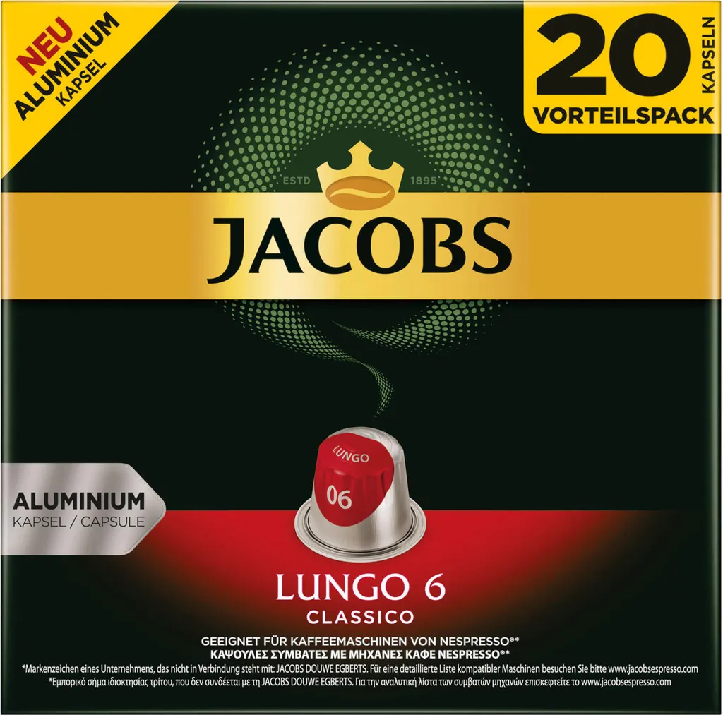 JACOBSLungo 6 Classico 200 Nespresso®* Kompatible Kaffeekapseln 1 JACOBSLungo 6 Classico 200 Nespresso®* Kompatible Kaffeekapseln