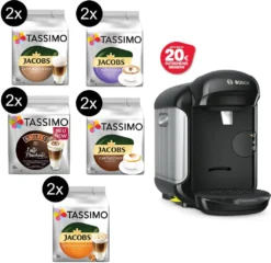 Ausgewählte Coffeeshops 15 TASSIMO Kapseln 2x Milk Range Vielfaltspakete 5 Sorten + Vivy 2 Schwarz Gratis