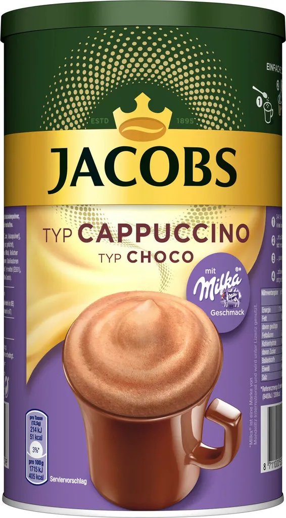 JACOBS Typ Choco Cappuccino 6 X 500 G Dosen Instantkaffee Mit Milka-Geschmack 1 JACOBS Typ Choco Cappuccino 6 X 500 G Dosen Instantkaffee Mit Milka-Geschmack