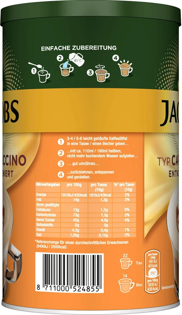 JACOBS Typ Cappuccino Entkoffeiniert 8 Dosen (8 X 220 G) 3 JACOBS Typ Cappuccino Entkoffeiniert 8 Dosen (8 X 220 G) – Bild 3