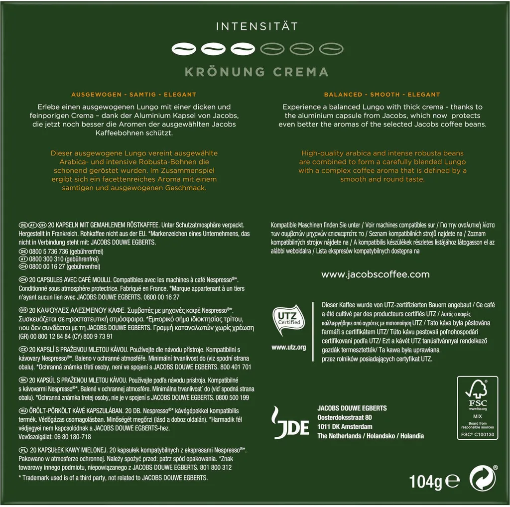 Jacobs Kaffeekapseln Krönung Crema, 20 Nespresso®* Kompatible Kapseln, 1 X 20 Getränke 2 Jacobs Kaffeekapseln Krönung Crema, 20 Nespresso®* Kompatible Kapseln, 1 X 20 Getränke – Bild 2