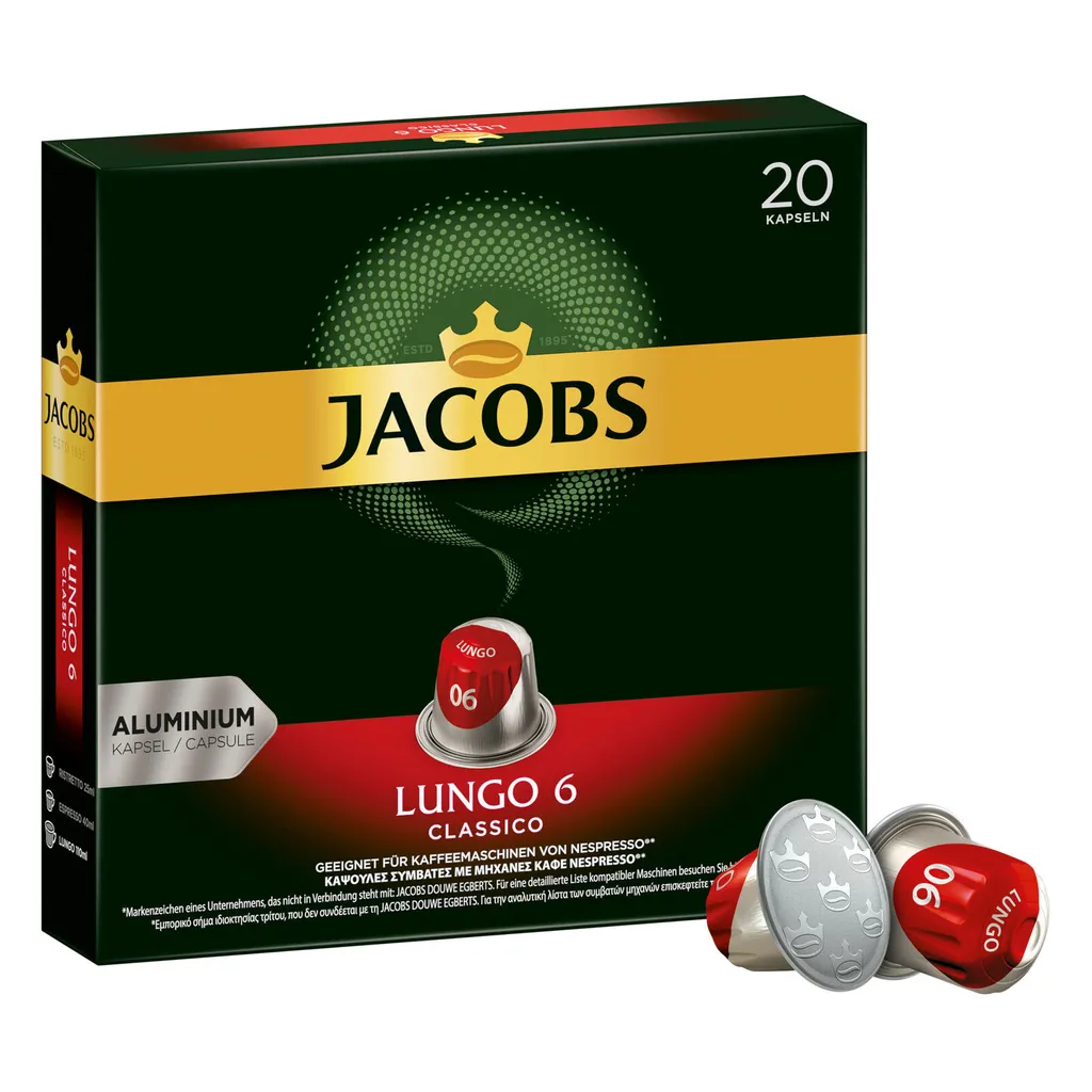 JACOBS Kapseln Lungo 6 Classico & Decaffeinato 6 Je 100 Nespresso®* Kompatibel 1 JACOBS Kapseln Lungo 6 Classico & Decaffeinato 6 Je 100 Nespresso®* Kompatibel