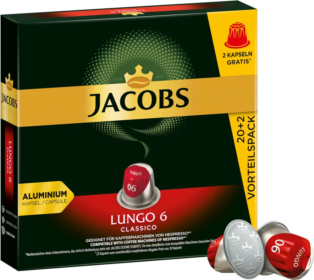JACOBS Kapseln Lungo 6 Classico 10 X 20+2 Nespresso®* Kompatible Kaffeekapseln 2 JACOBS Kapseln Lungo 6 Classico 10 X 20+2 Nespresso®* Kompatible Kaffeekapseln – Bild 2