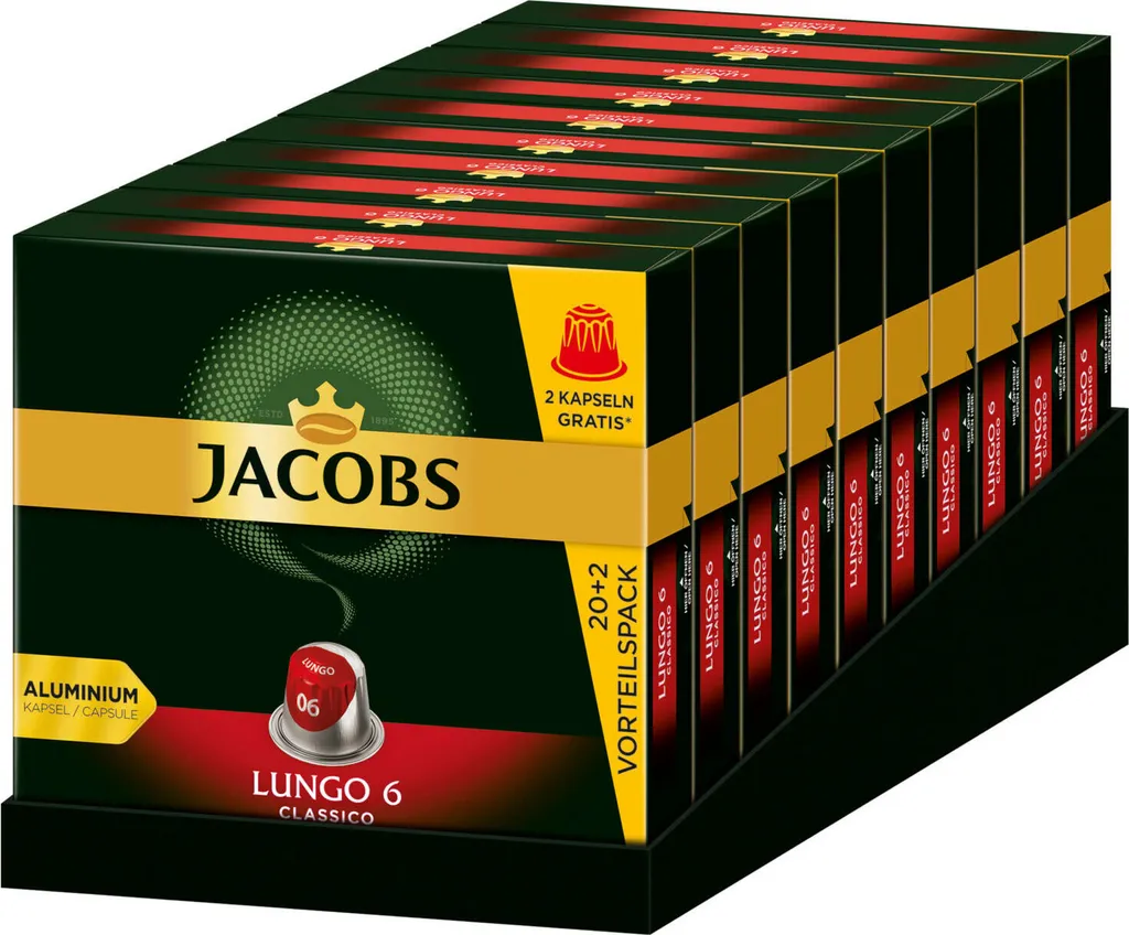 JACOBS Kapseln Lungo 6 Classico 10 X 20+2 Nespresso®* Kompatible Kaffeekapseln 1 JACOBS Kapseln Lungo 6 Classico 10 X 20+2 Nespresso®* Kompatible Kaffeekapseln