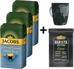 JACOBS Kaffeebohnen Expertenröstung Crema Mild Röstung Des Jahres 3 Kg Ganze Geröstete Bohnen + 1 Jacobs Barista Becher+ 1 Dose
