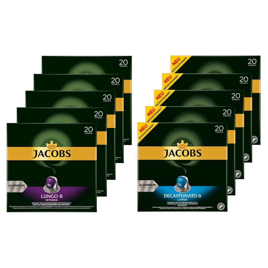 JACOBS Kapseln Nespresso®* Kompatibel 5x20 Lungo 8 Intenso+ 5x20 Decaffeinato 6 1 JACOBS Kapseln Nespresso®* Kompatibel 5x20 Lungo 8 Intenso+ 5x20 Decaffeinato 6