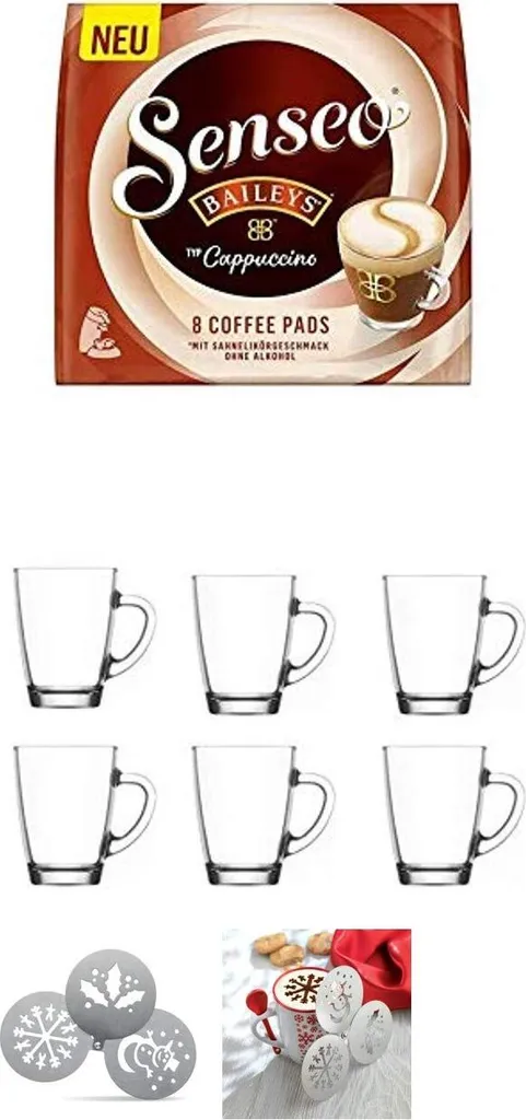 Senseo Pads Typ Cappuccino Baileys, 1er Pack + 6 X Henkelbecher 300ml, Edelstahlschablonen Weihnachten 1 Senseo Pads Typ Cappuccino Baileys, 1er Pack + 6 X Henkelbecher 300ml, Edelstahlschablonen Weihnachten
