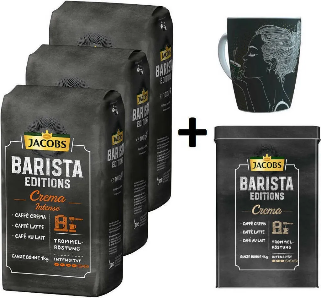 JACOBS Kaffeebohnen Barista Editions Crema Intense 3 Kg Geöstete Bohnen+ 1 Jacobs Barista Becher+ 1 Dose 1 JACOBS Kaffeebohnen Barista Editions Crema Intense 3 Kg Geöstete Bohnen+ 1 Jacobs Barista Becher+ 1 Dose